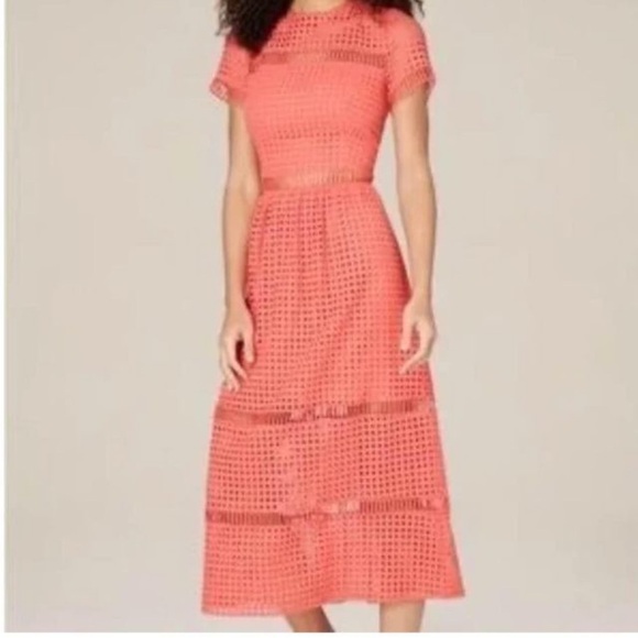 Bebe Jenna Embroidery Cutout Eyelet Lace Midi Dress Coral - Picture 3 of 4